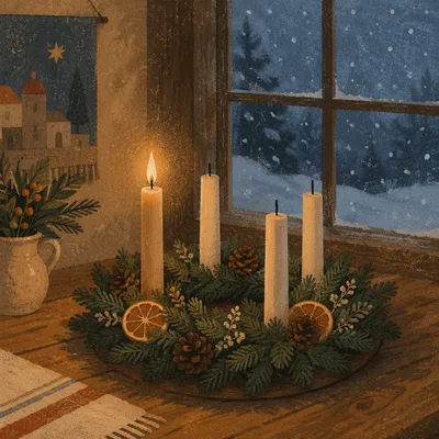 Warm Advent Wreath by Frosted Window