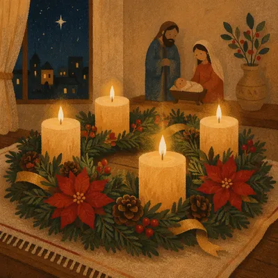 Warm Advent Wreath Candles at Evening