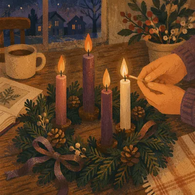 Warm Advent Wreath Candles at Dusk