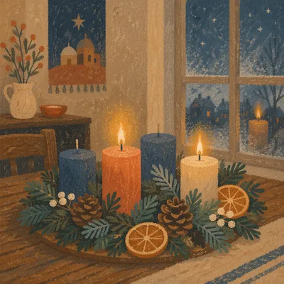 Warm Advent Wreath by Frosted Window