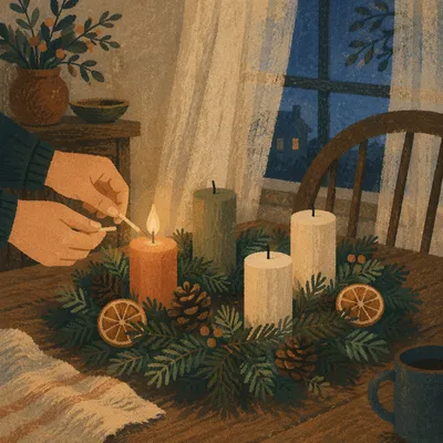 Warm Advent Wreath Candle Lighting at Dusk