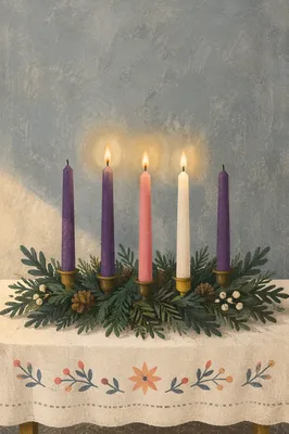 Warm Advent Candle Wreath on Linen Table
