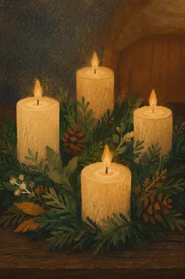 Warm Advent Candle Wreath on Rustic Table