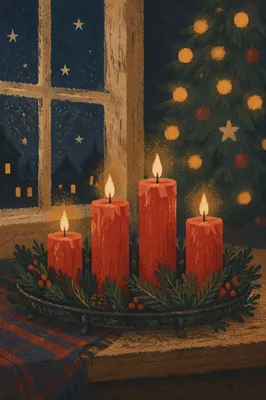 Warm Advent Candles in Evergreen Wreath
