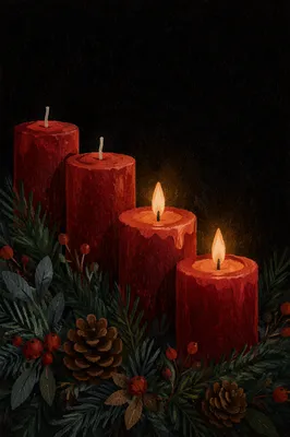 Warm Advent Candles in Evergreen Wreath
