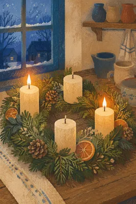 Warm Advent Wreath by Frosted Window