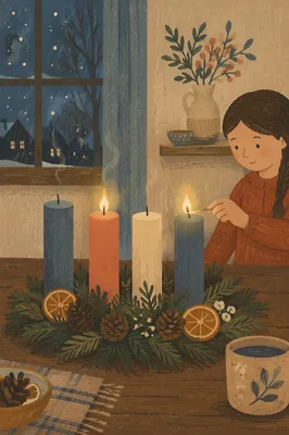Warm Advent Candle Wreath at Winter Dusk