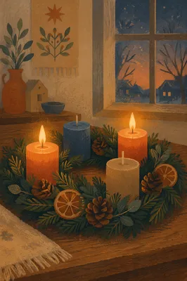 Warm Advent Wreath with Lit Candles