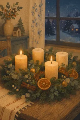 Warm Advent Wreath with Candlelight