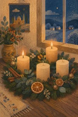 Warm Advent Candle Wreath by Frosted Window