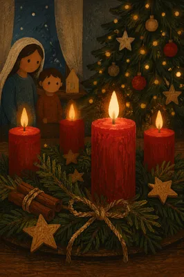 Warm Advent Candle Wreath Close-Up