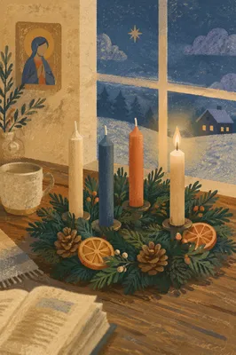 Warm Advent Wreath by Frosted Window