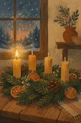 Warm Advent Wreath with Lit Beeswax Candle
