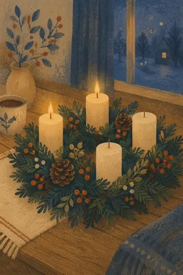 Warm Advent Wreath with Candlelight