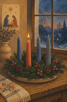 Warm Advent Wreath by Frosted Window