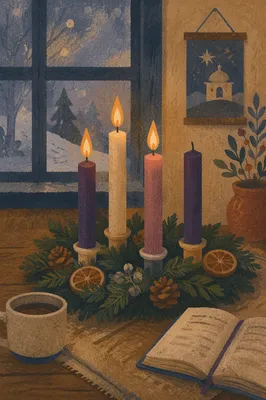 Warm Advent Candle Wreath at Dusk