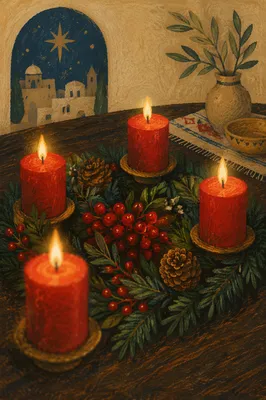 Warm Advent Wreath with Red Candles