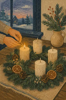 Warm Advent Wreath by Frosted Window