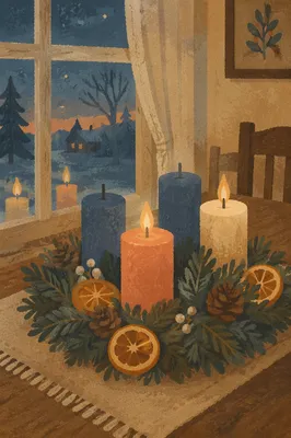 Warm Advent Wreath by Frosted Window