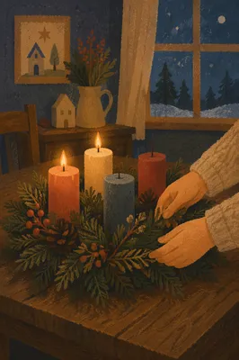 Warm Advent Wreath with Candlelight
