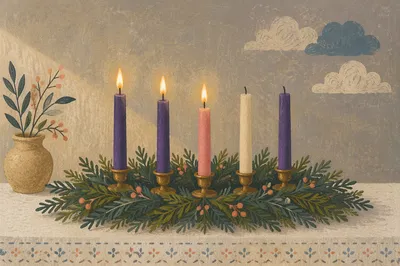 Warm Advent Candle Wreath on Linen Table