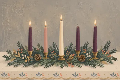 Warm Advent Candles on Evergreen Wreath