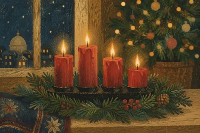 Warm Advent Candles in Evergreen Wreath