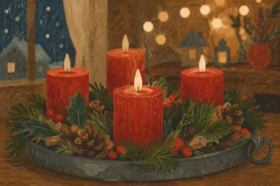 Warm Advent Candle Wreath with Evergreen