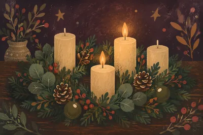Warm Advent Wreath with Candlelight