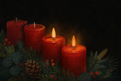 Warm Advent Candles in Evergreen Wreath