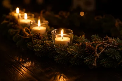 Warm Advent Wreath Candlelight on Wooden Table