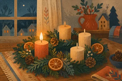 Warm Advent Wreath Candles at Winter Dusk