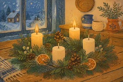 Warm Advent Wreath by Frosted Window