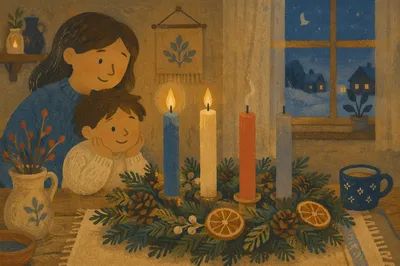 Warm Advent Candle Wreath at Winter Dusk