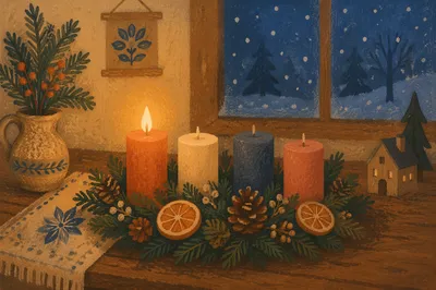 Warm Advent Candle Wreath at Dusk