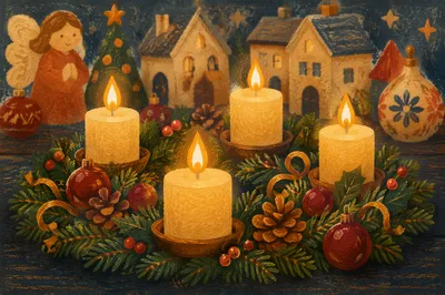 Warm Advent Wreath with Glowing Candles