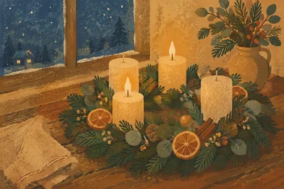 Warm Advent Candle Wreath at Blue Hour