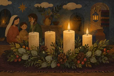 Warm Advent Candle Wreath Close-Up
