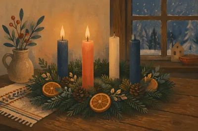 Warm Advent Wreath Candles at Winter Dusk