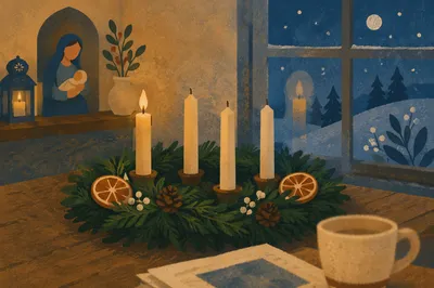 Warm Advent Wreath by Frosted Window