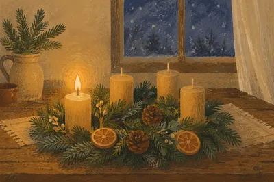 Warm Advent Wreath with Lit Candle