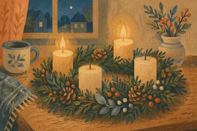 Warm Advent Wreath With Candlelight