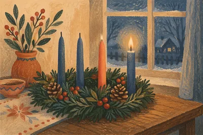 Warm Advent Wreath by Frosted Window