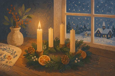 Warm Advent Wreath by Frosted Window