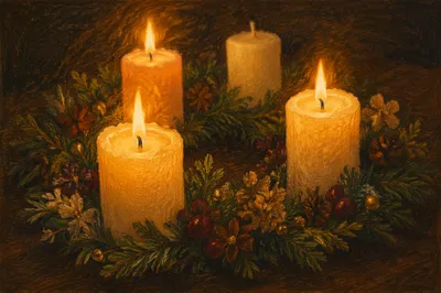 Warm Advent Candle Wreath on Wooden Table