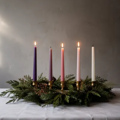 Warm Advent Candles in Evergreen Wreath