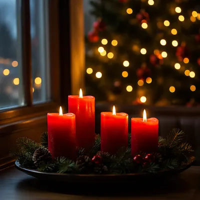 Warm Advent Candles in Evergreen Wreath