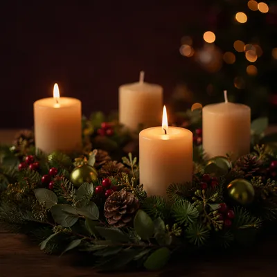 Warm Advent Wreath with Candlelight