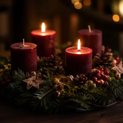 Warm Advent Wreath With Lit Burgundy Candles