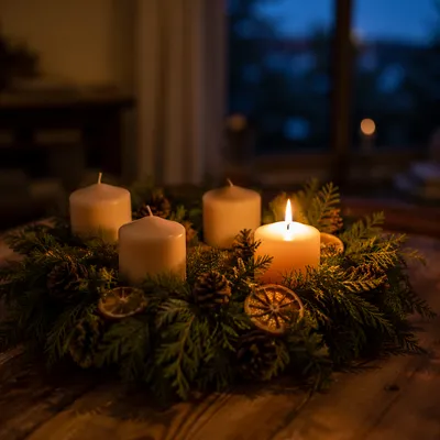 Warm Advent Candle Wreath at Dusk